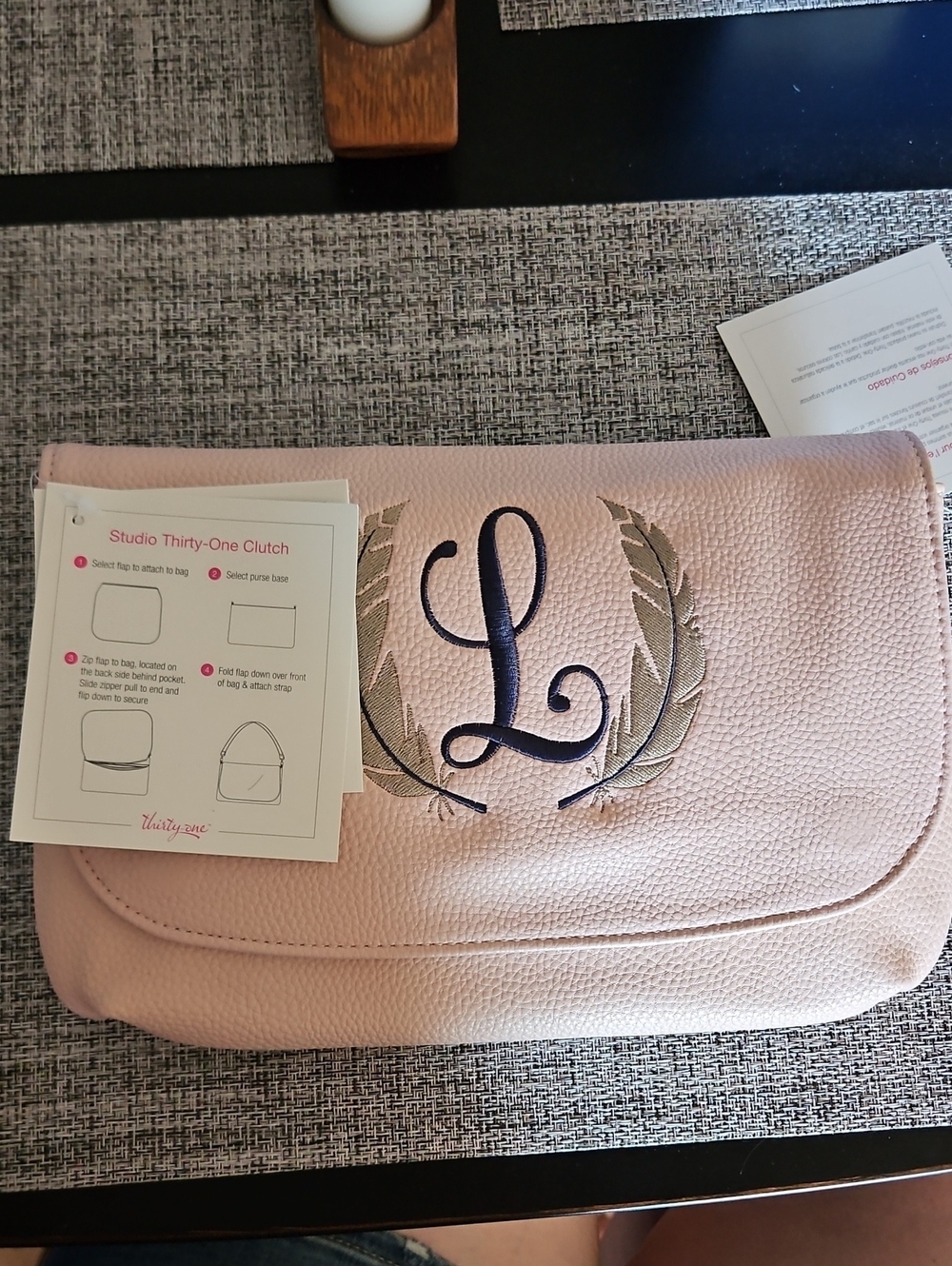 thirty-one Light Pink Pebbled Imitation Leather Clutch with Navy Monogram L